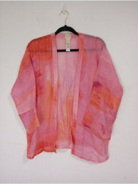 Chicos Kimono Cardigans 100% Linen Size 1 Pink & Red Lightweight Open Womens